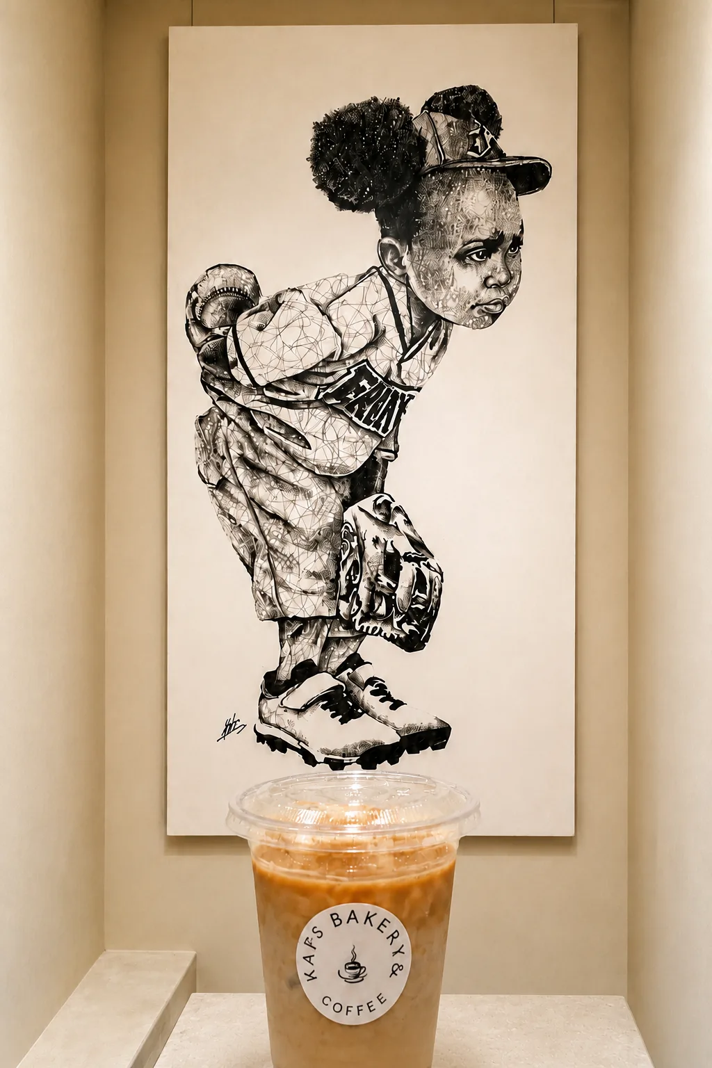絵の下のカウンターに置いたアイスカフェラテ