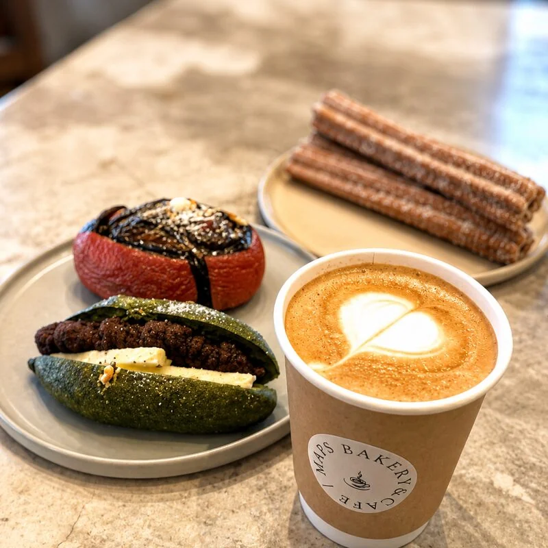 抹茶のパンとチュロス、カフェラテ