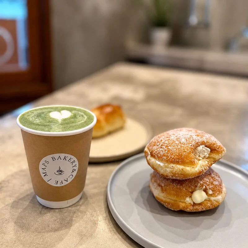 抹茶ラテと生クリームドーナツ