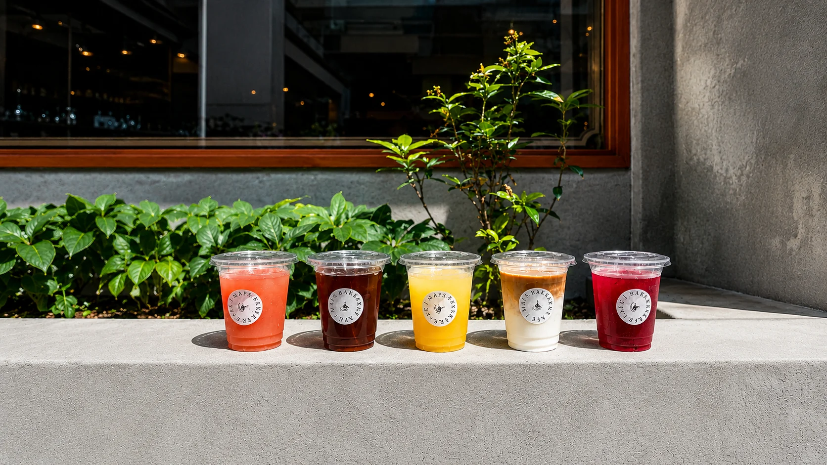 植栽の前のベンチに並ぶ MAPS COFFEE STAND のドリンク5種
