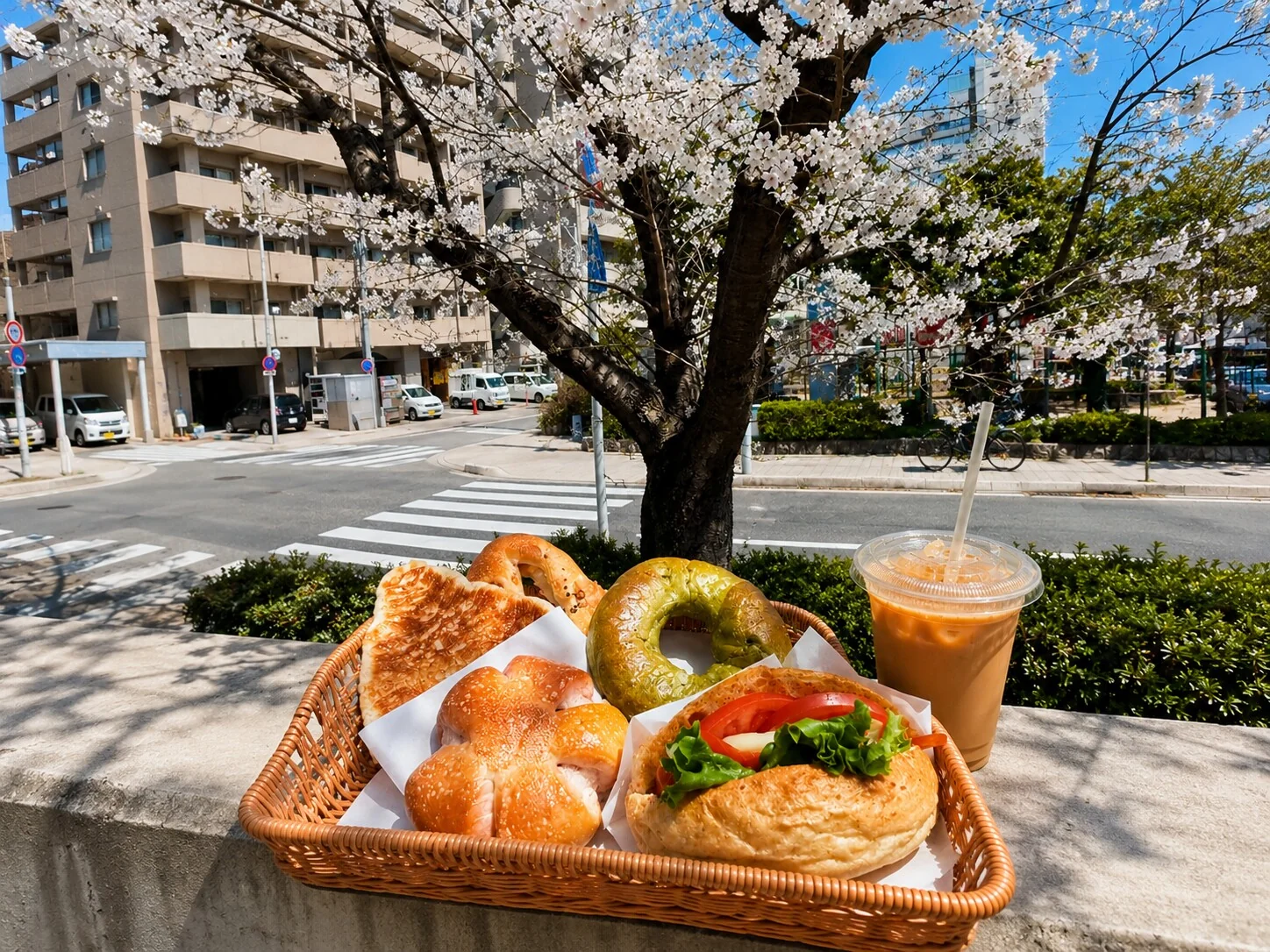 桜の木の下、かごに入れたパンとアイスコーヒー